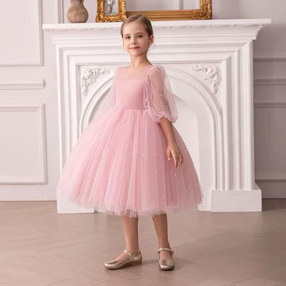 Girls Pink Tulle Dress with Pearls and Sheer Sleeves